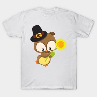 Thanksgiving Owl, Brown Owl, Pilgrim Hat, Flower T-Shirt